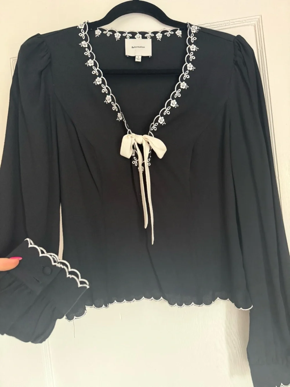 Reformation Black V-Neck Tie-Front Blouse with Cream Bow